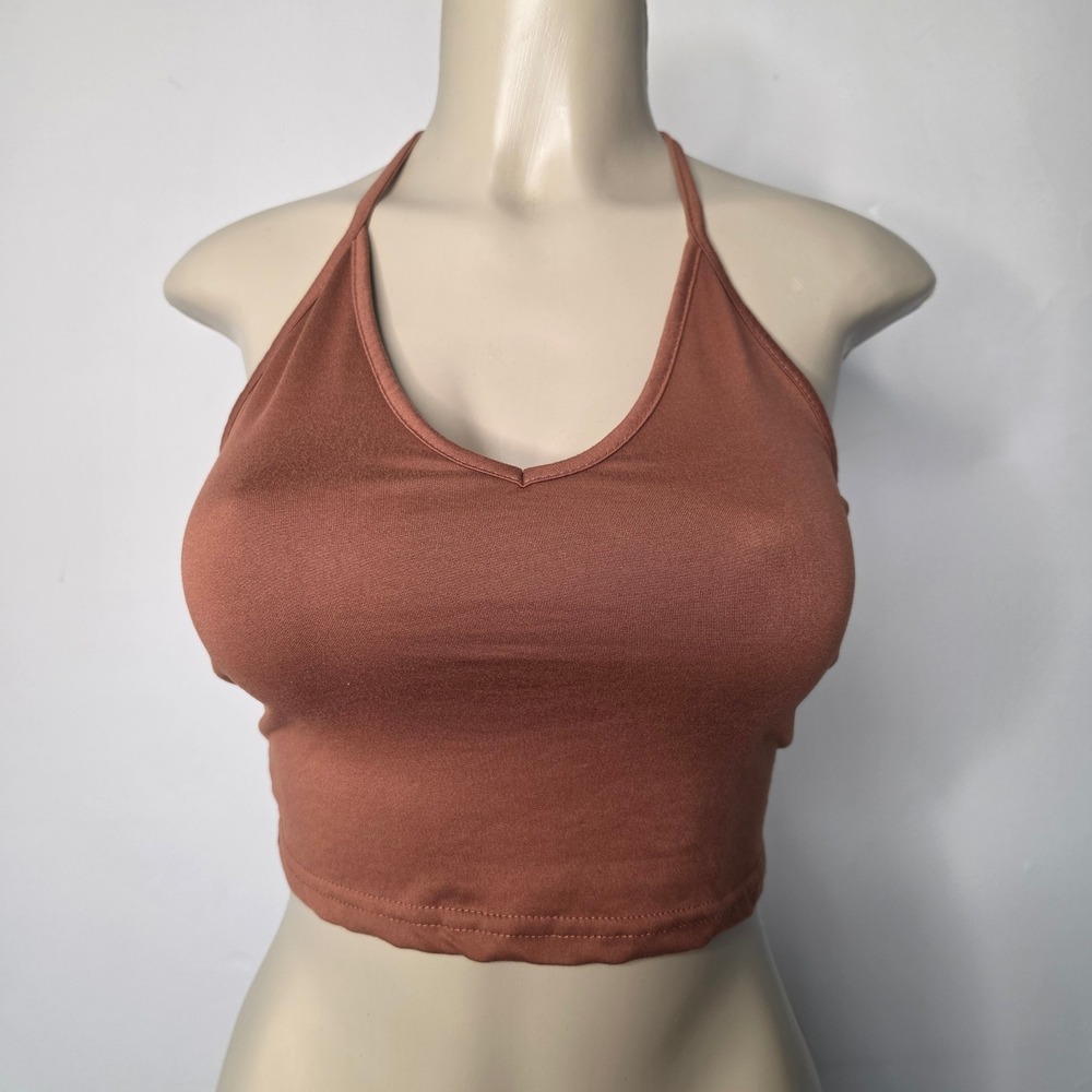 SHEIN Crop Top Women Large Brown Halter V-Neck Open Back Stretch Casual Vacay